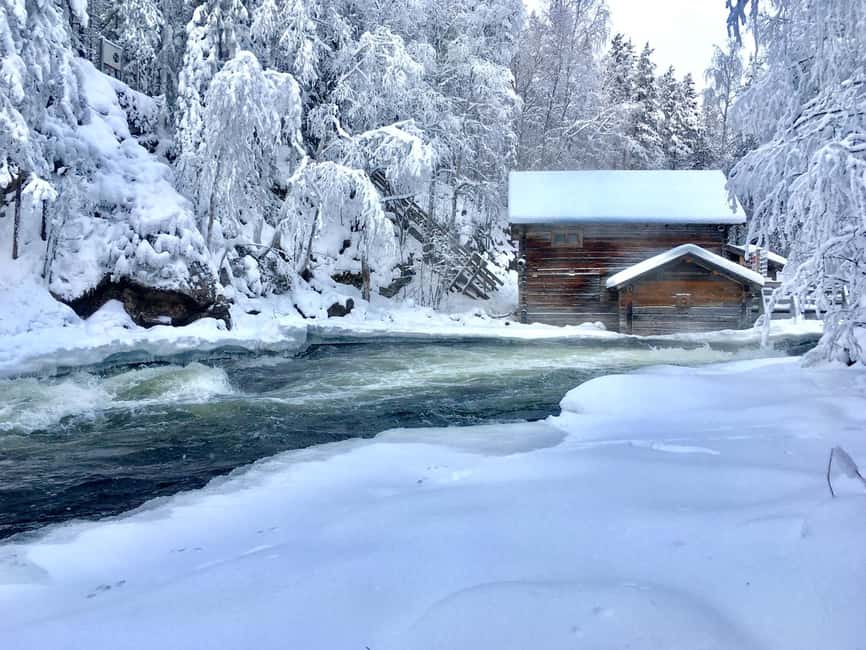 Ruka: Oulanka National Park Snowshoeing Tour - Myllykoski rapids and the hanging bridge